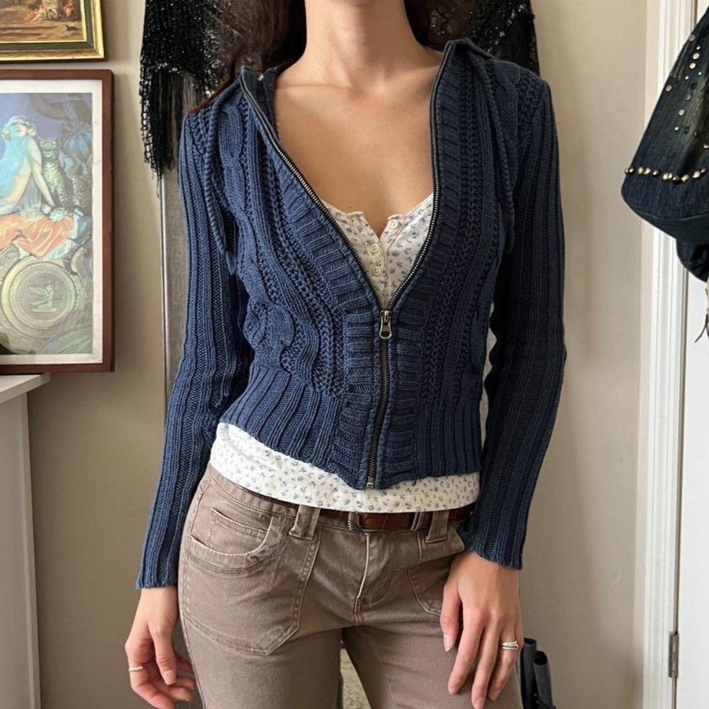 Aeropostale Navy Blue Knit Zip Up Floral Print Hoodie Y2K XS